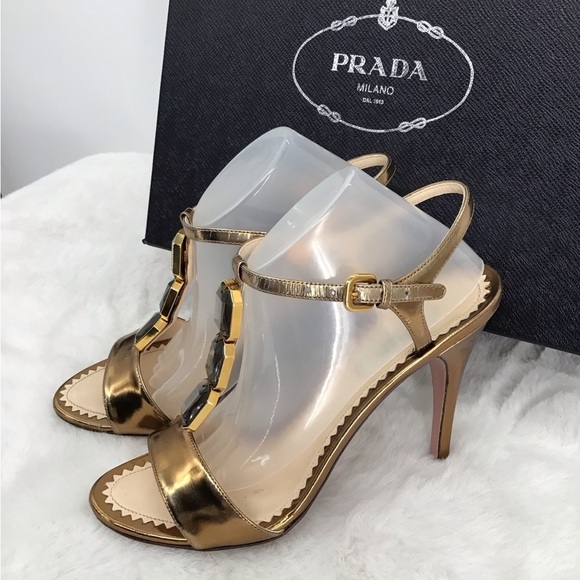 Prada Capretto Jeweled Open Toe Heel Lame Bronze Luxury Designer Size 37EU - Picture 2 of 11